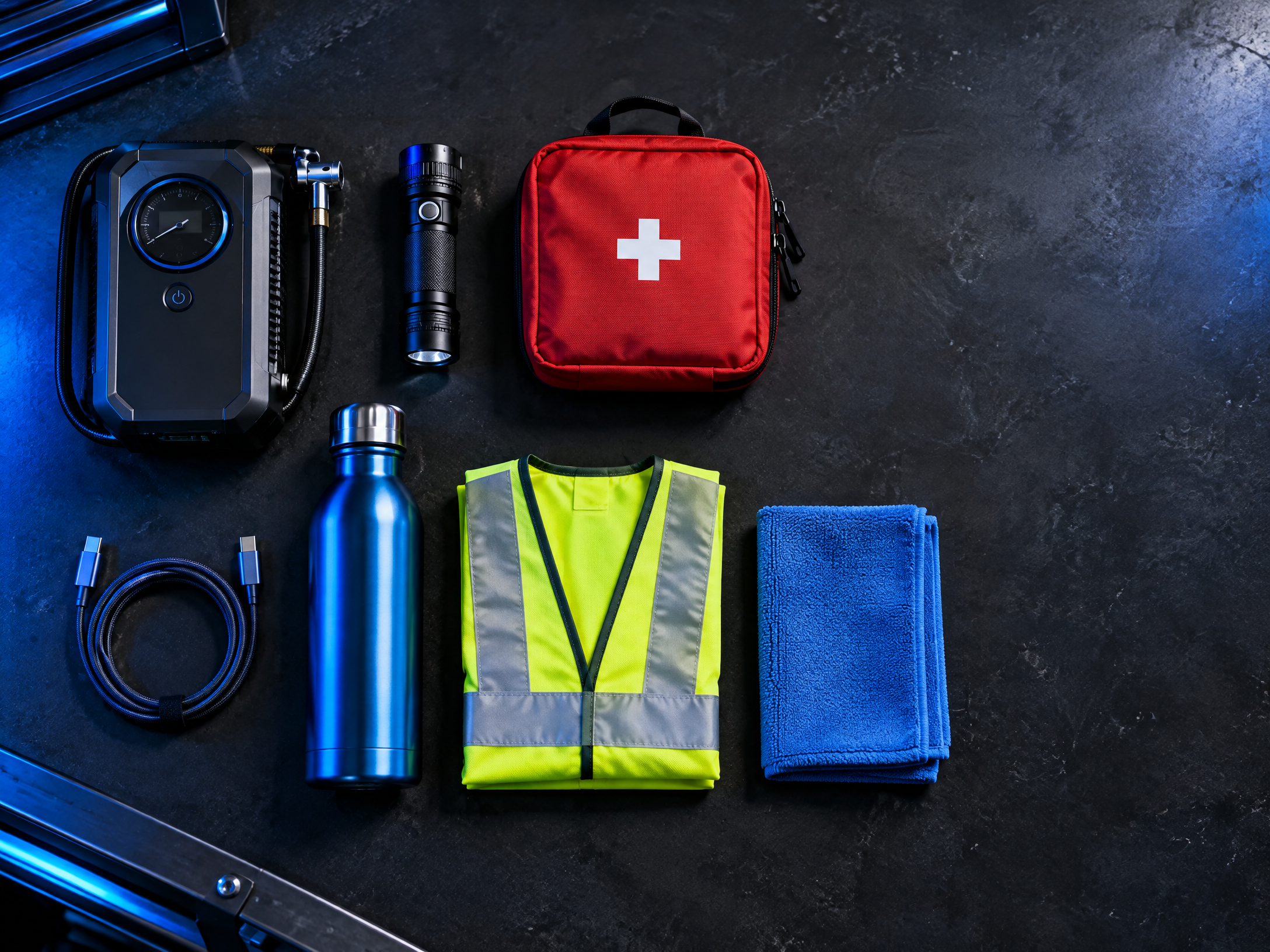 Organized road-trip essentials on a garage workbench